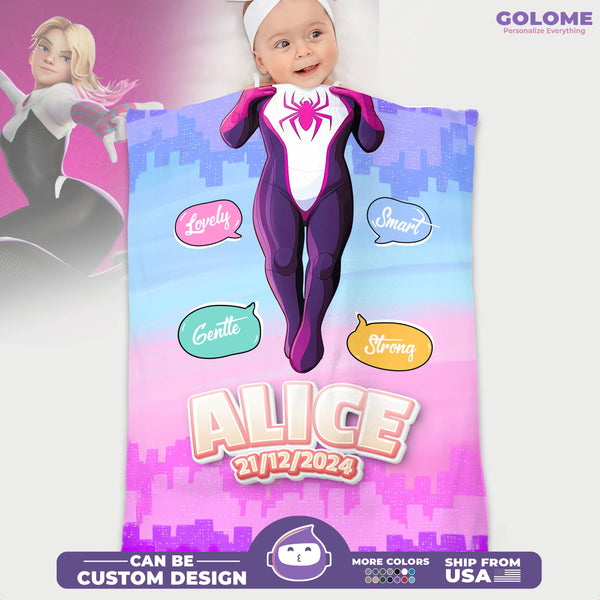 Personalized Spider Girl Baby Blanket – Custom Name, Date & Background | Superhero Baby Gift